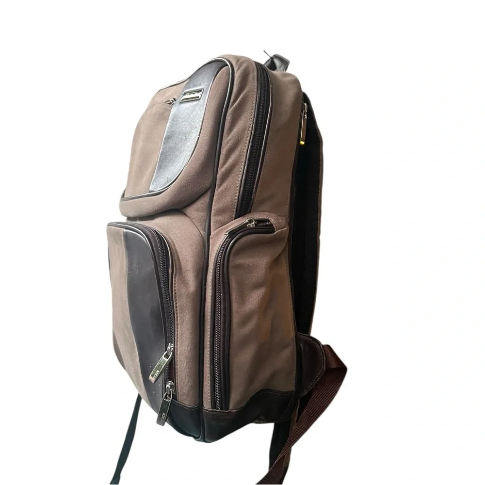 🎒‎ TUMI Canvas Leather Backpack Brown Tan Orange Interior